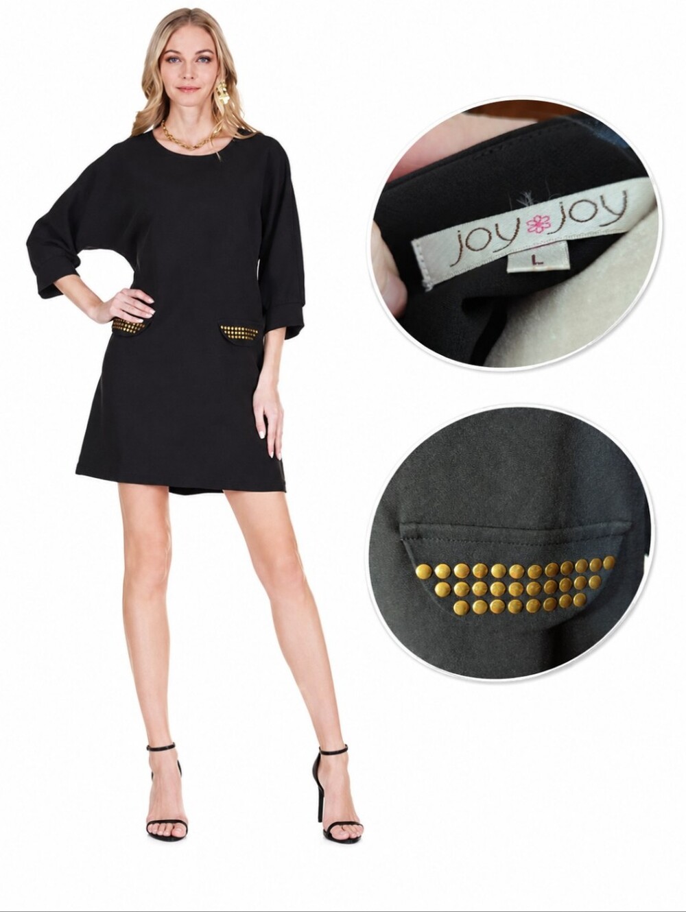 Modern Minimalist Black Shift Dress Gold Stud Pocket Accents Office Siren Sz L